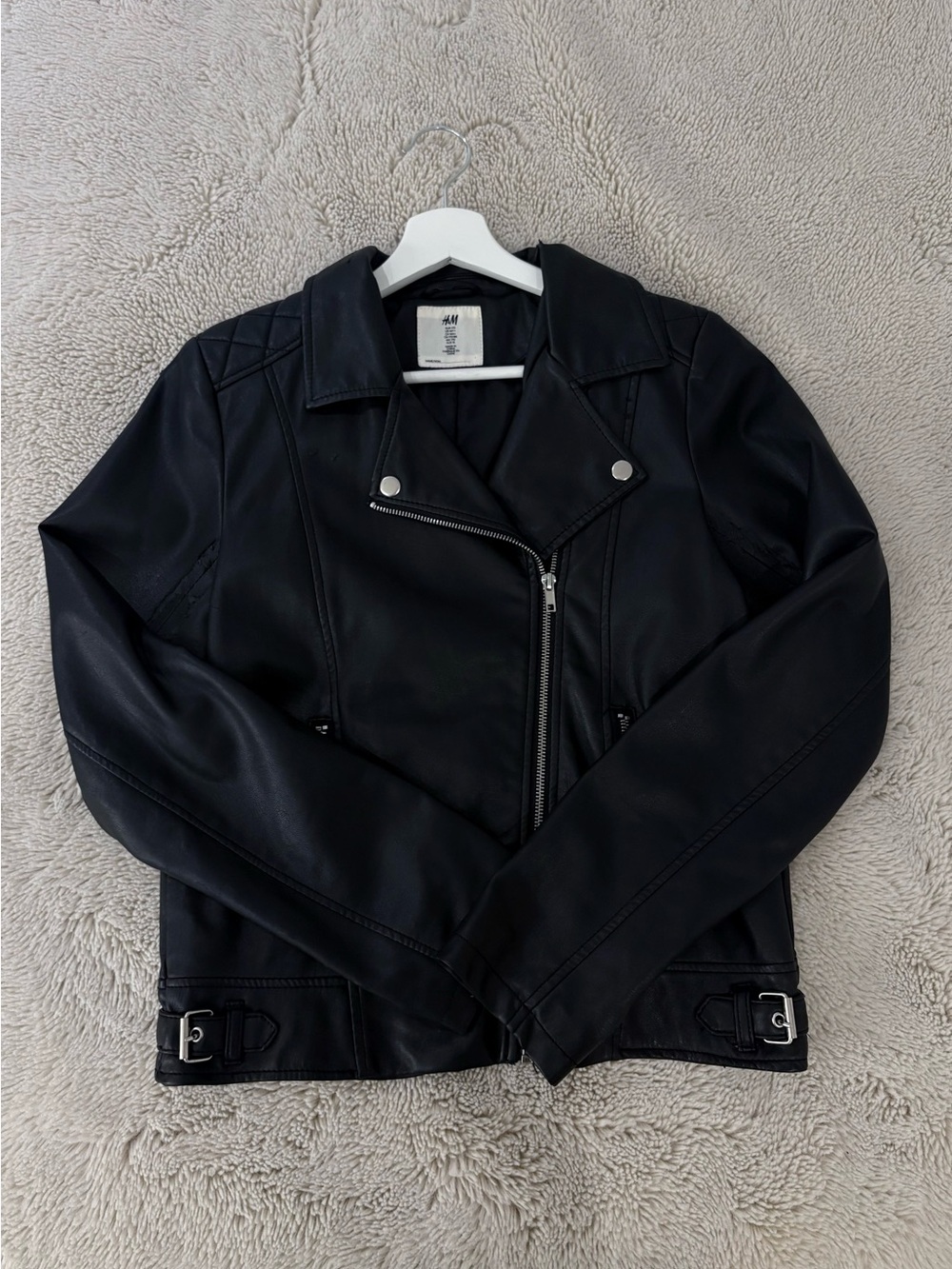 H&M Black Faux Leather Biker Jacket with Silver Hardware